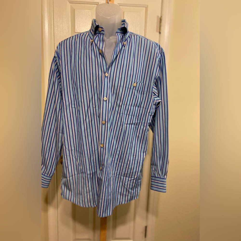 NWOT Talbots Men's Blue/Wine/Teal/White Striped Shirt, Size: M